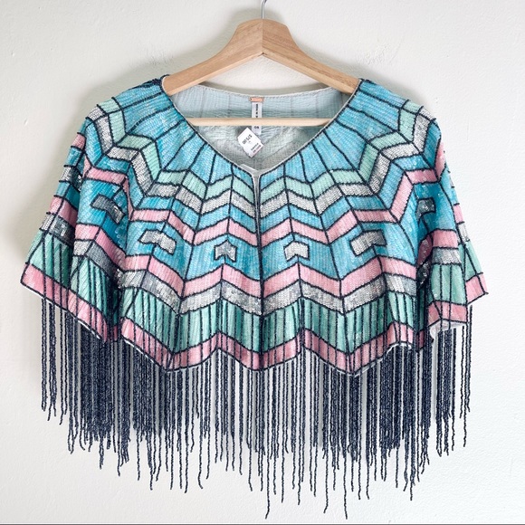 Free People Pastel Sequin, Beaded Fringe Boho/ Flapper Style Cape O/S One Size - Picture 2 of 15